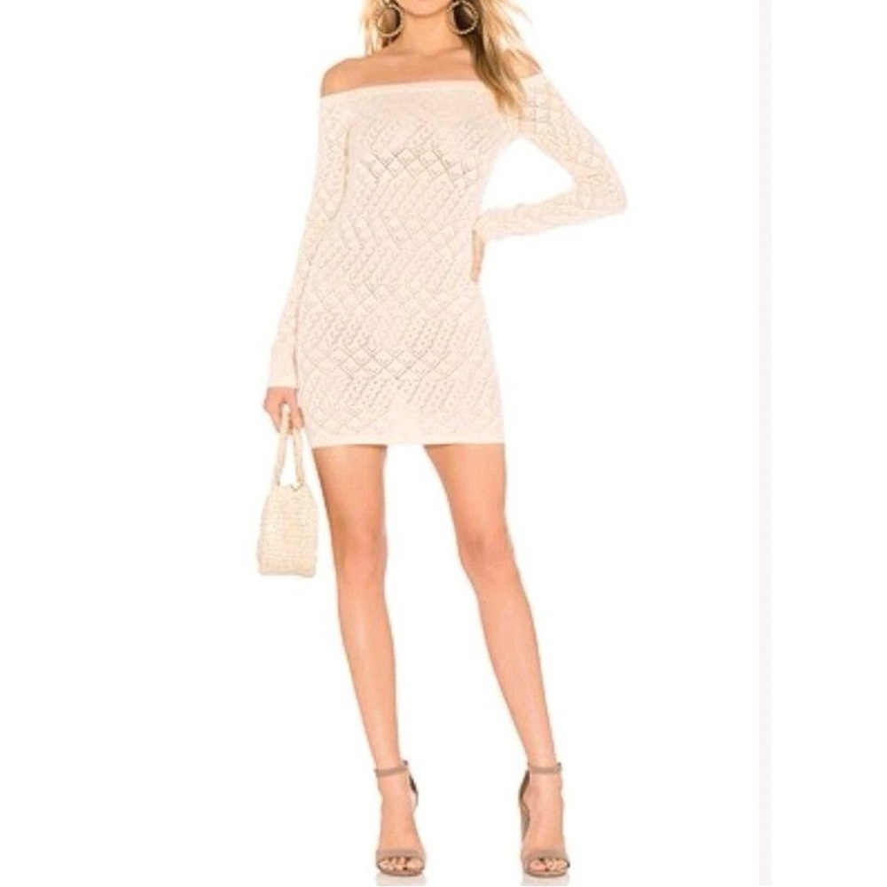 Lovers & Friends Revolve Off The Shoulder Cream Knit Sweater Mini Dress Size S